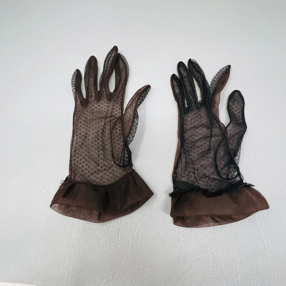 Vintage Womens Brown Sheer Mesh Polka Dot Ruffle Cuff Formal Dress Gloves